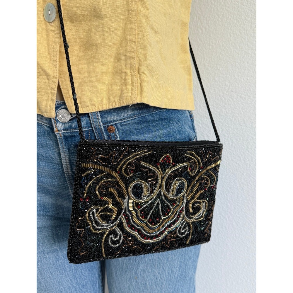 PARTNERS Beaded Crossbody Bag Small Black Gold‎ Boho Evening Purse Vintage Style
